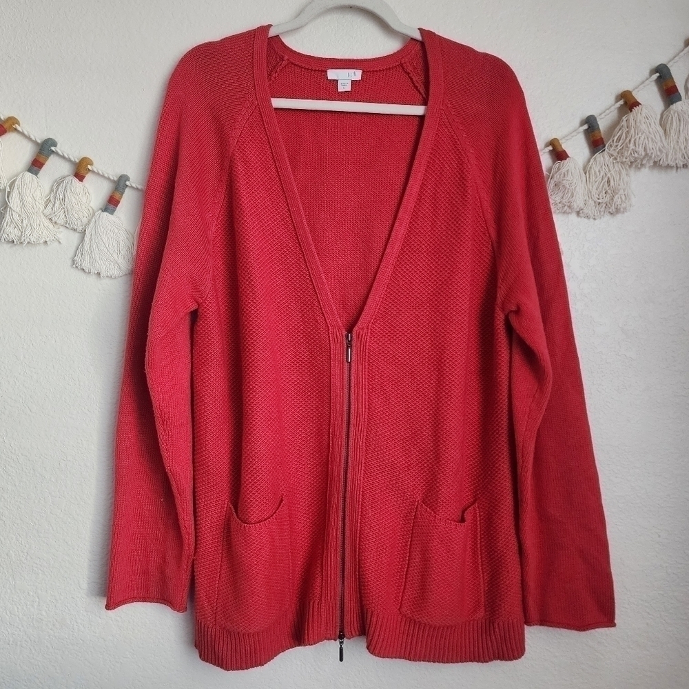 J. Jill Cable Knit V-neck Zip Longline Cardigan Preppy Coastal Beachy Minimalist